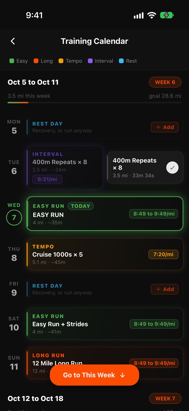 Training calendar: the week's runs, each with its pace, and the completed interval session beside its plan