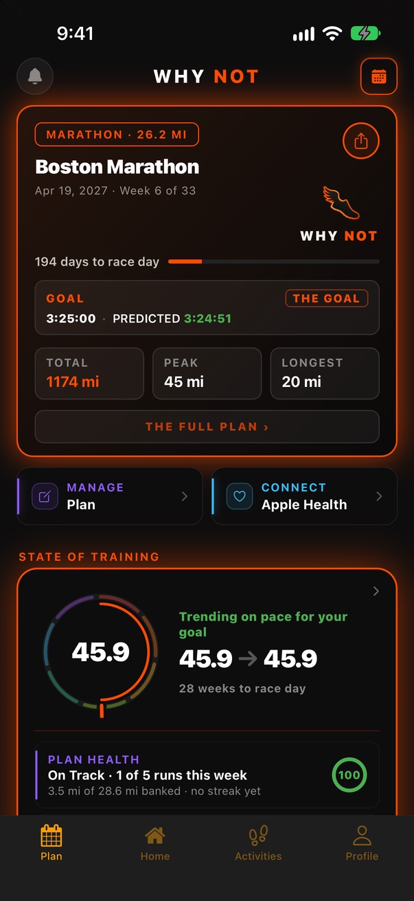 Plan tab: Boston Marathon in 194 days, the goal and the predicted time, and the State of Training wheel