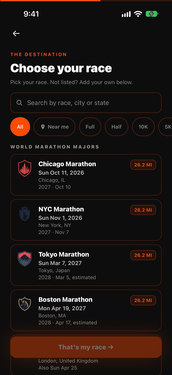 Choose your race: search, the Near me chip, and the World Marathon Majors with confirmed and estimated dates