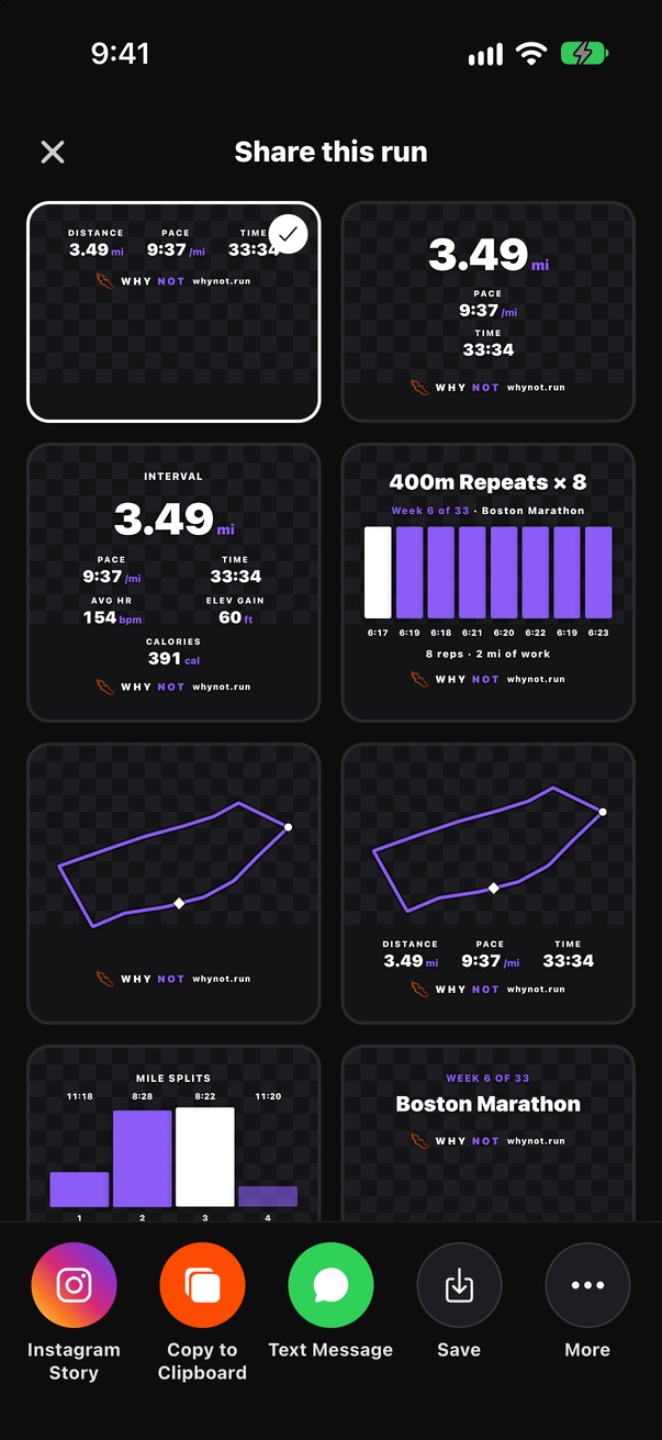 Share this run: a grid of transparent stickers (stats, reps, route, splits, plan) and the five share keys