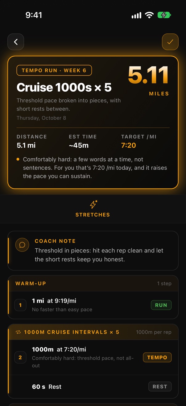Workout detail: Cruise 1000s times 5, each step with its own pace