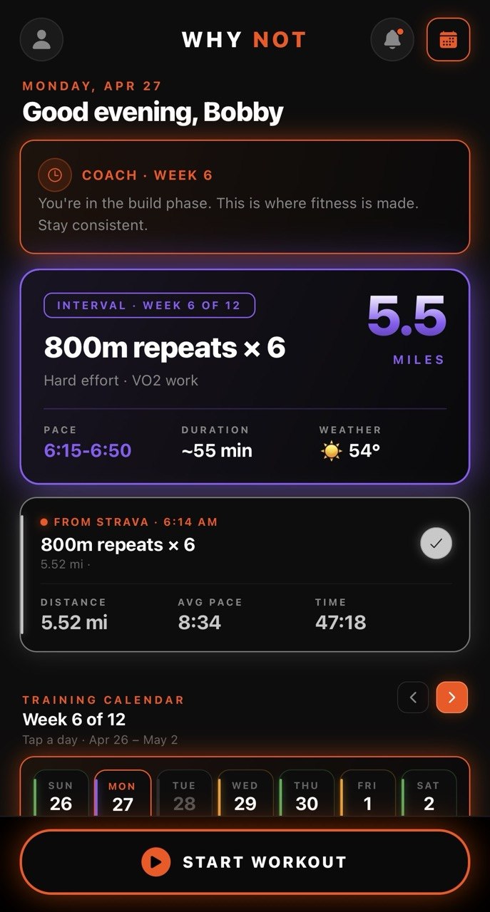 Home screen showing today's planned workout, completed activity, and start workout button