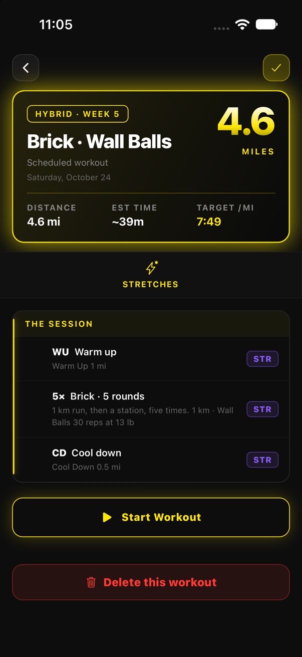 A brick session: a 1 mile warm up, five rounds of a 1 km run then 30 wall balls, a half mile cool down