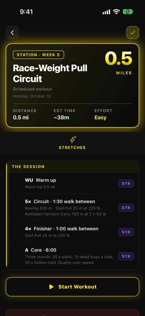 Race-Weight Pull Circuit: five rounds of rowing, sled pull and farmers carry at race weight, a finisher and core
