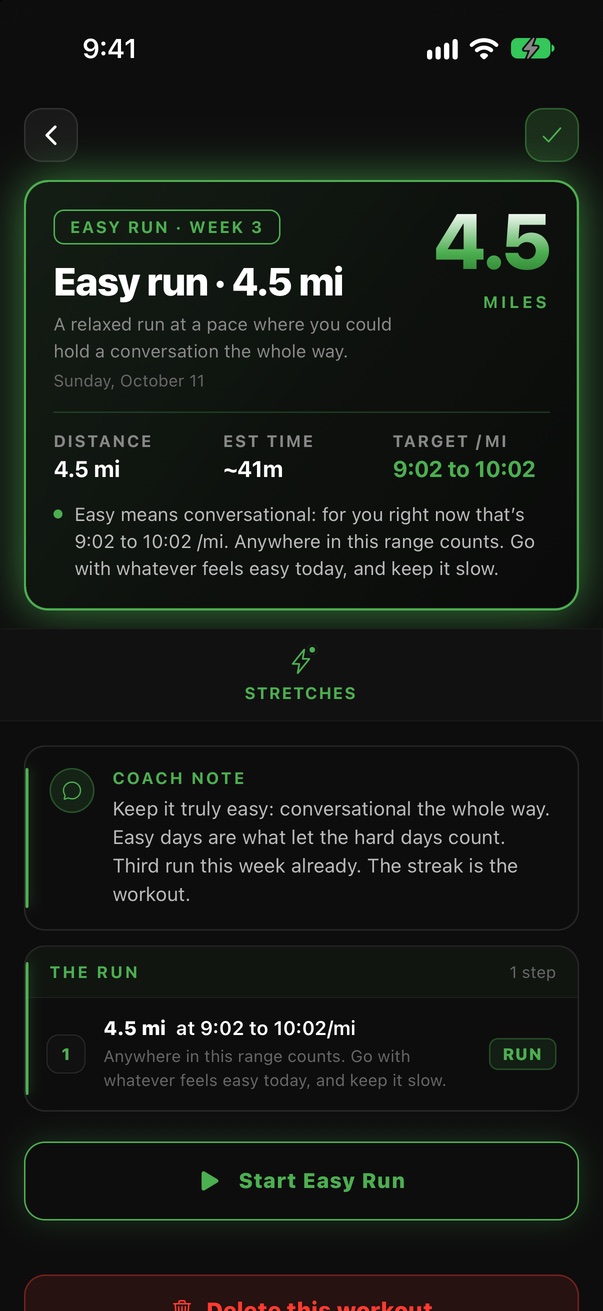 Easy run 4.5 miles at 9:02 to 10:02 a mile