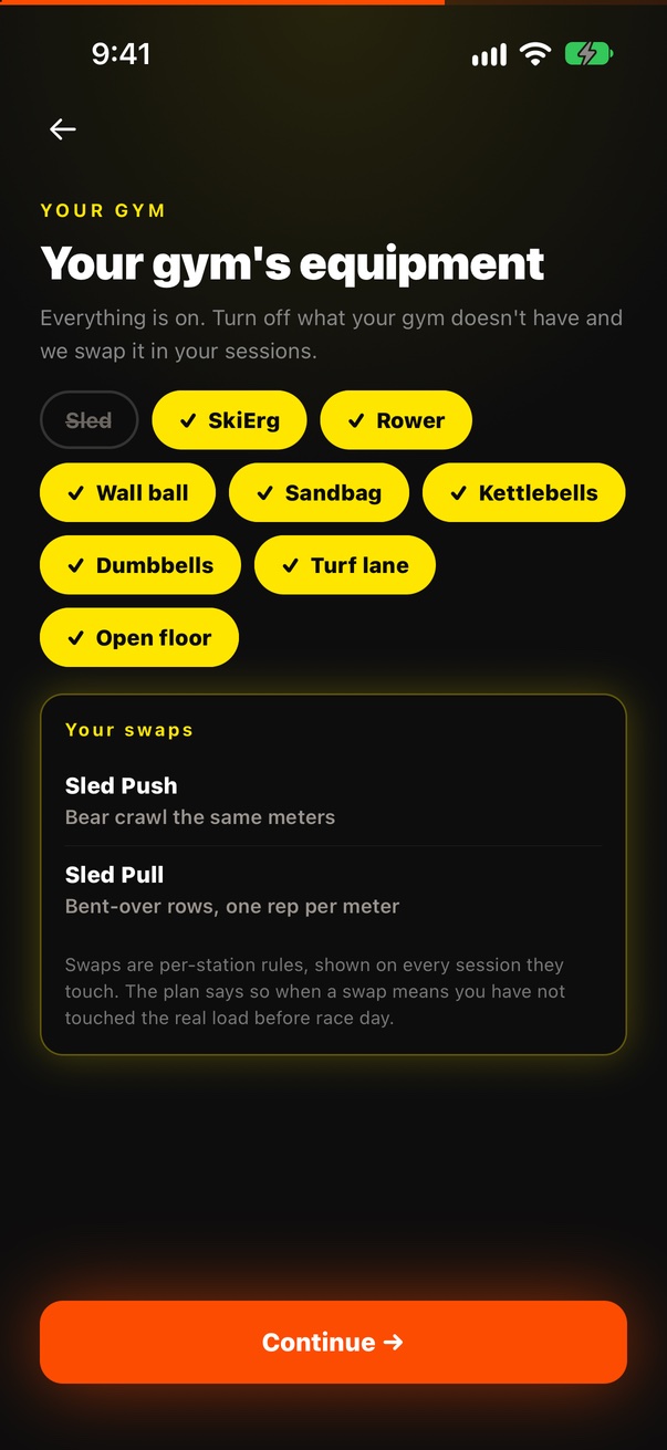 The gym screen: nine equipment chips, the sled turned off, the two sled swaps listed