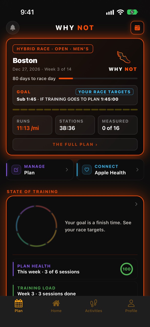 The Plan tab on a hybrid race plan: Boston, week 3 of 14, the goal Sub 1:45 and the race targets