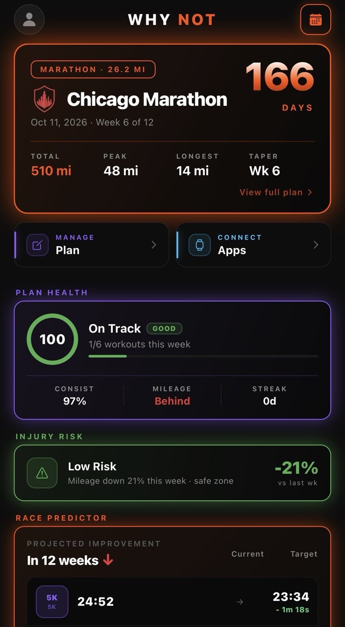 Plan tab showing race countdown, plan health, injury risk and race predictor