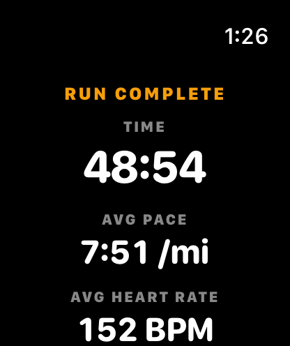 Run complete on Apple Watch: the time, the average pace and the average heart rate