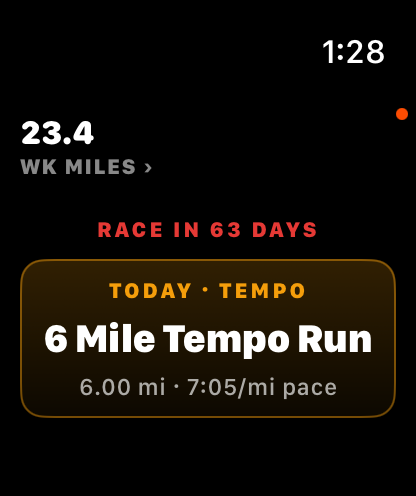 Why Not on Apple Watch: the week&rsquo;s miles, the race countdown and today&rsquo;s 6 mile tempo run